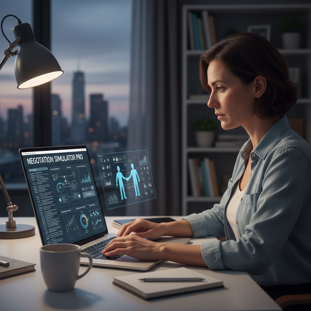 Osoba korzystająca z symulatora negocjacji na nowoczesnym laptopie, skupiona twarz, ekran pełen wykresów