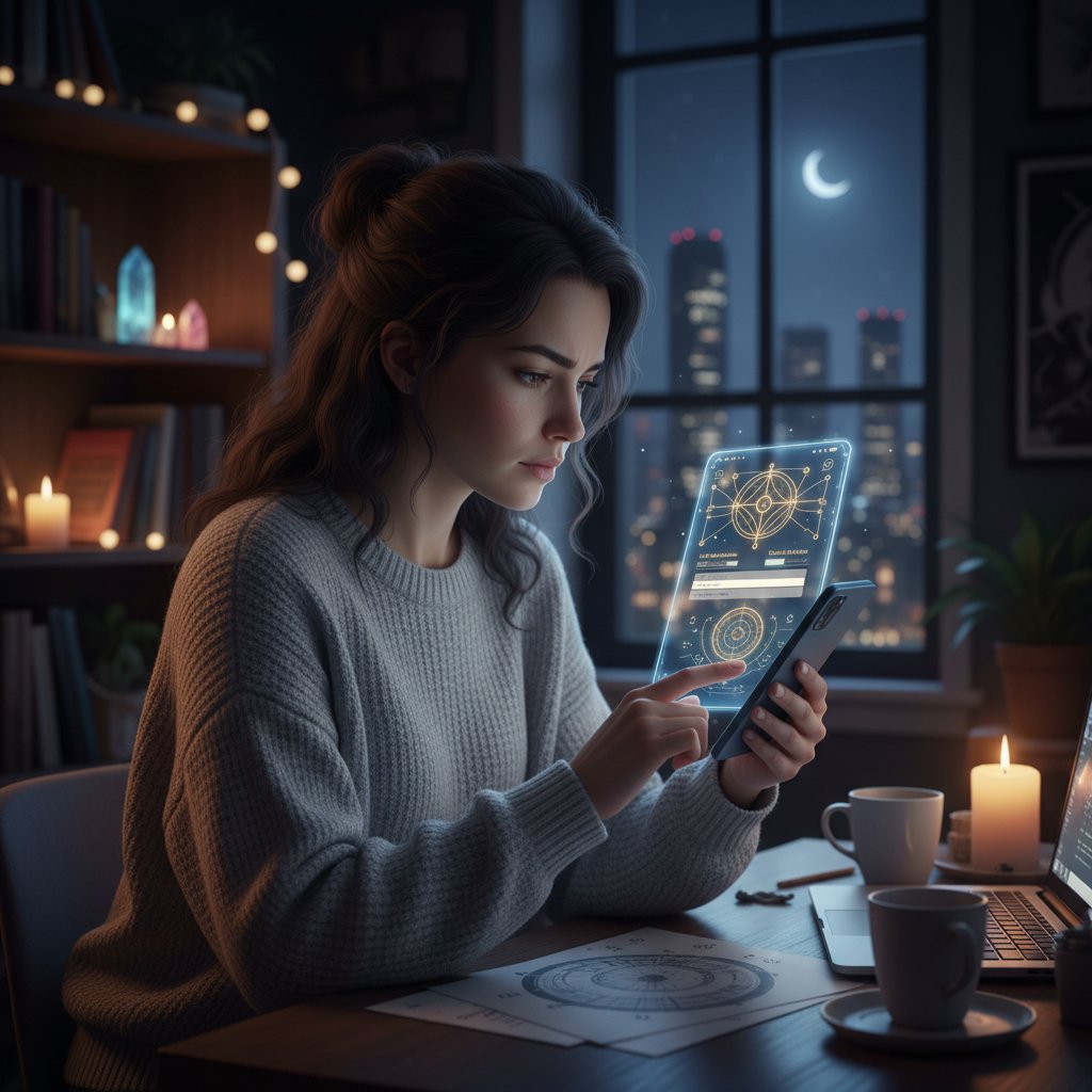 Osoba korzystająca z aplikacji numerologicznej po zmroku