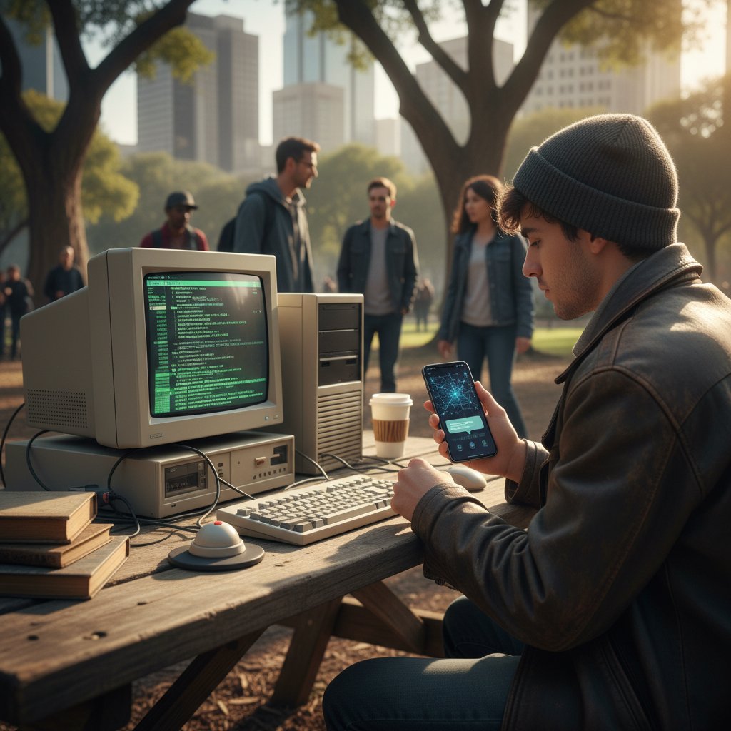 Osoba używająca starego komputera na czacie IRC, obok nowoczesny telefon z aplikacją AI