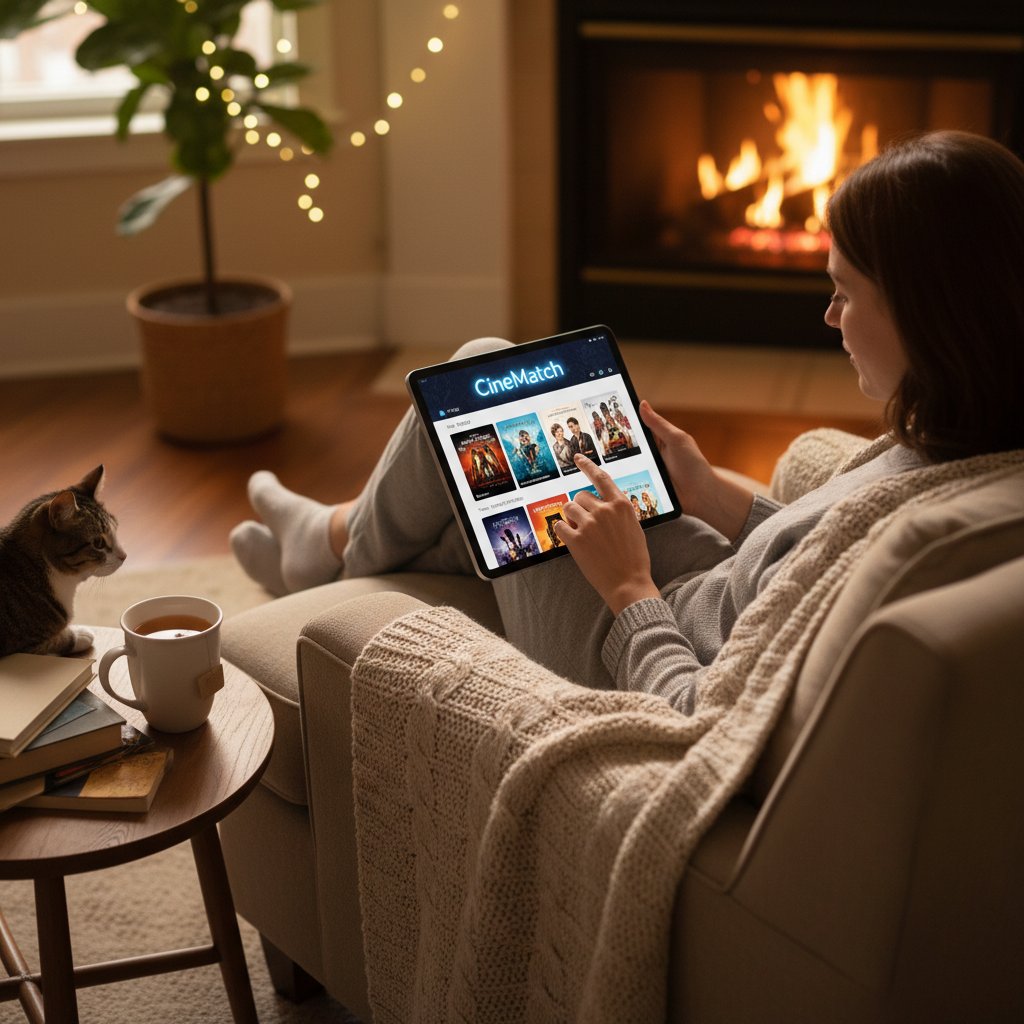 Person using a personalized movie app in a cozy living room, feeling relaxed and confident choosing a film