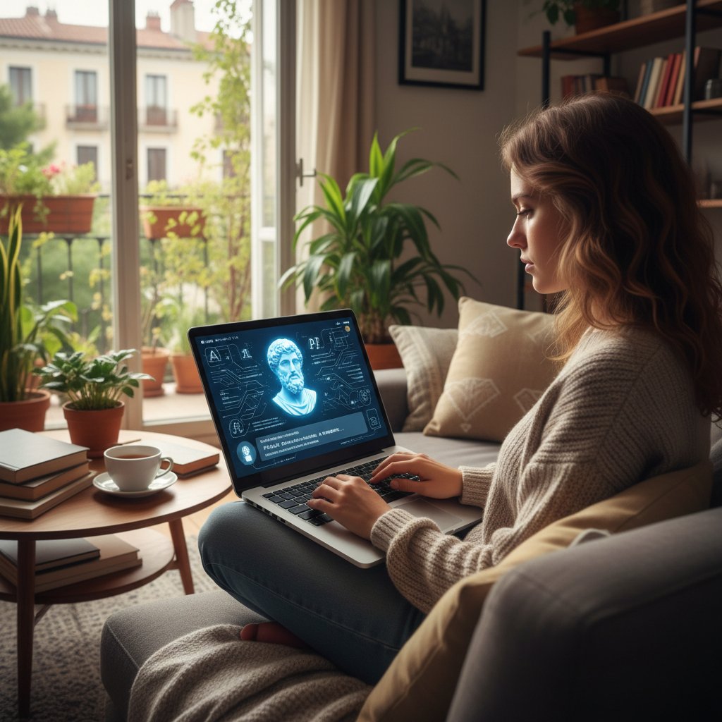 Osoba korzystająca z komputerowego przewodnika filozoficznego w domowym otoczeniu