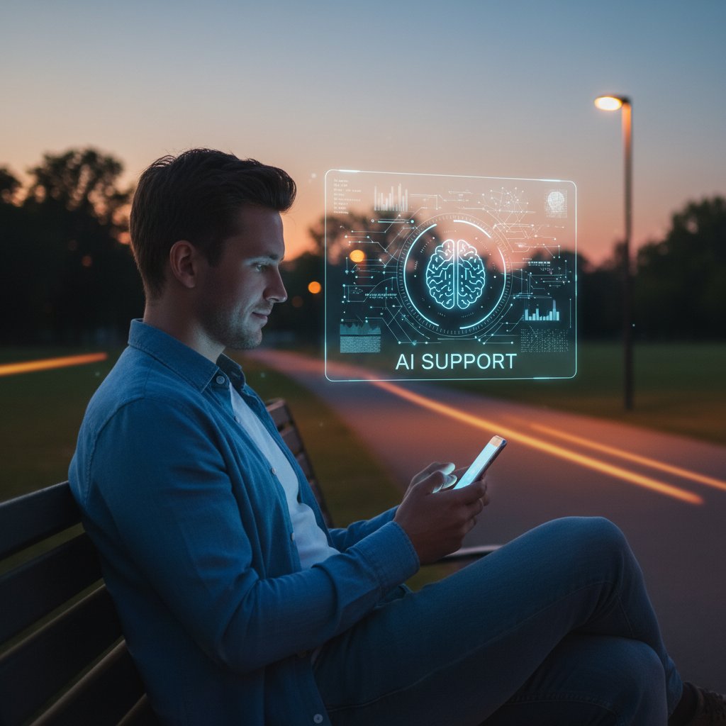 Osoba korzystająca z telefonu wieczorem, ekran rozświetla twarz, w tle domowa atmosfera, symbol szybkiego wsparcia AI