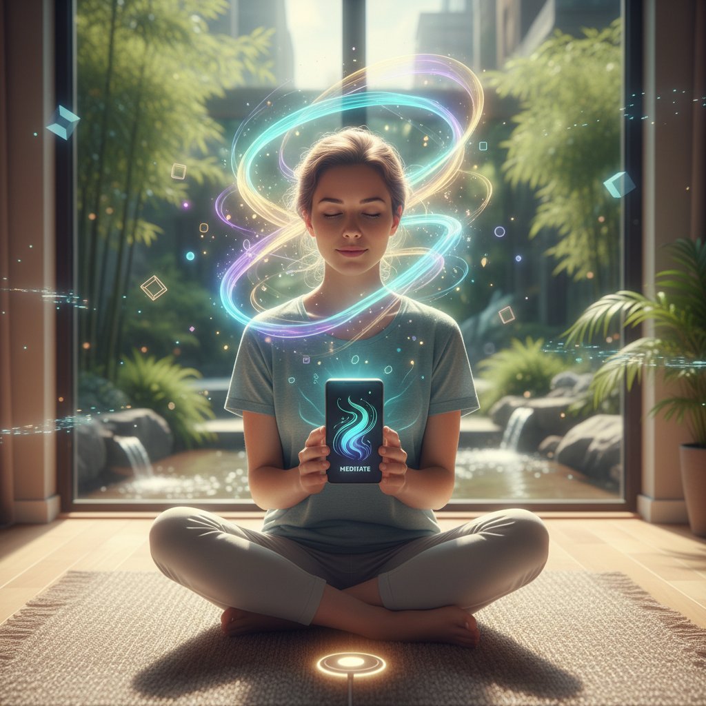 Osoba z telefonem podczas praktykowania uważności, połączenie technologii i relaksu