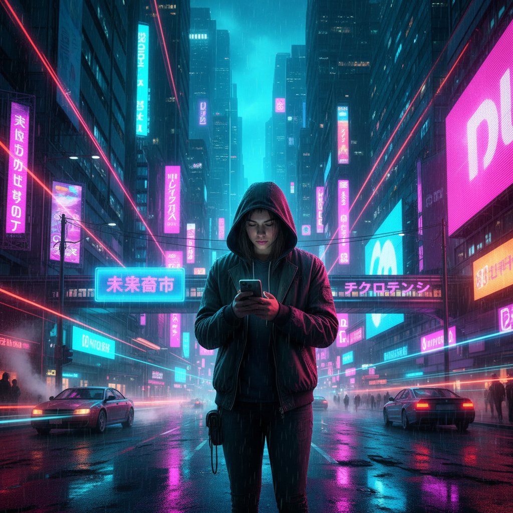 Zdjęcie osoby korzystającej z telefonu na tle neonowego miasta, ilustrujące wpływ technologii na wybory