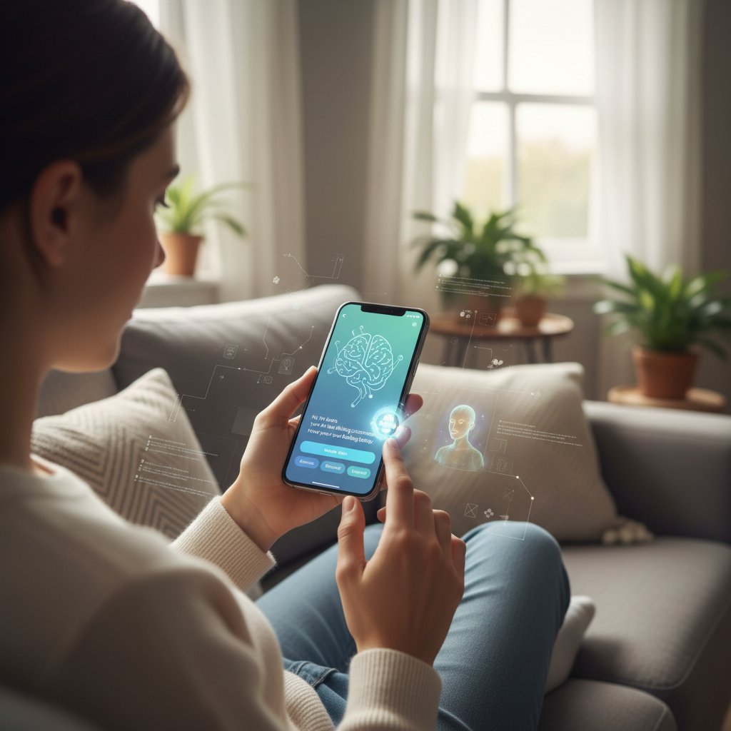 Osoba korzystająca z aplikacji na telefonie, ilustrująca wsparcie AI