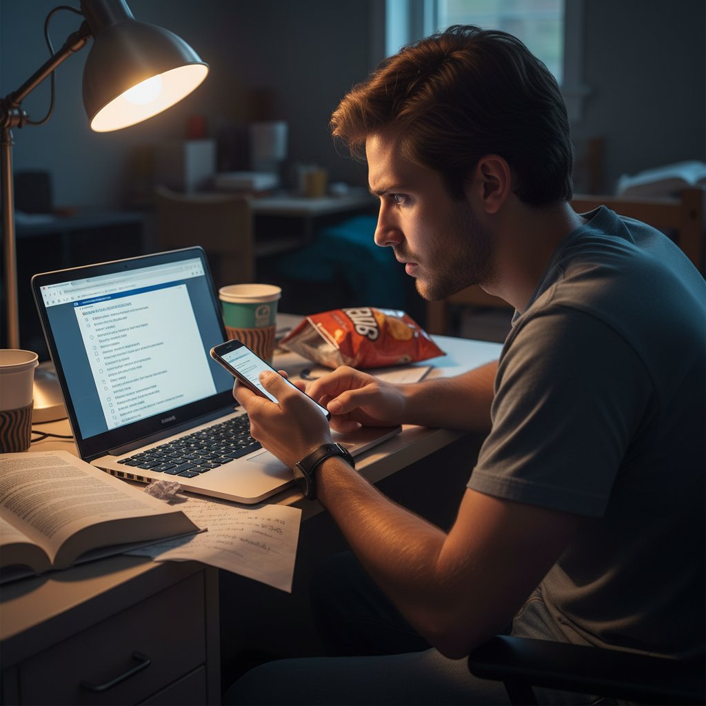 Osoba korzystająca z telefonu podczas testu online, próba oszustwa