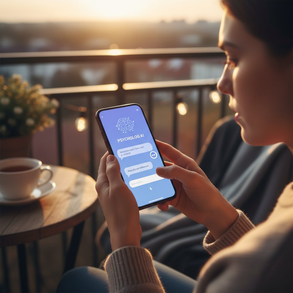 Osoba korzystająca z aplikacji psycholog.ai na smartfonie, spokojna atmosfera, wieczór