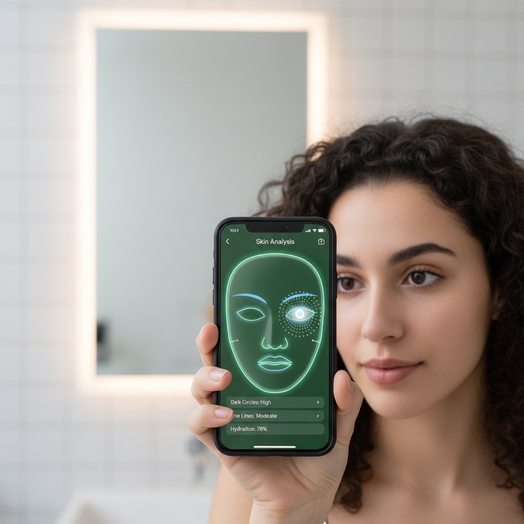 Osoba korzystająca z aplikacji do analizy skóry na smartfonie, widoczne podkreślenie okolicy pod oczami