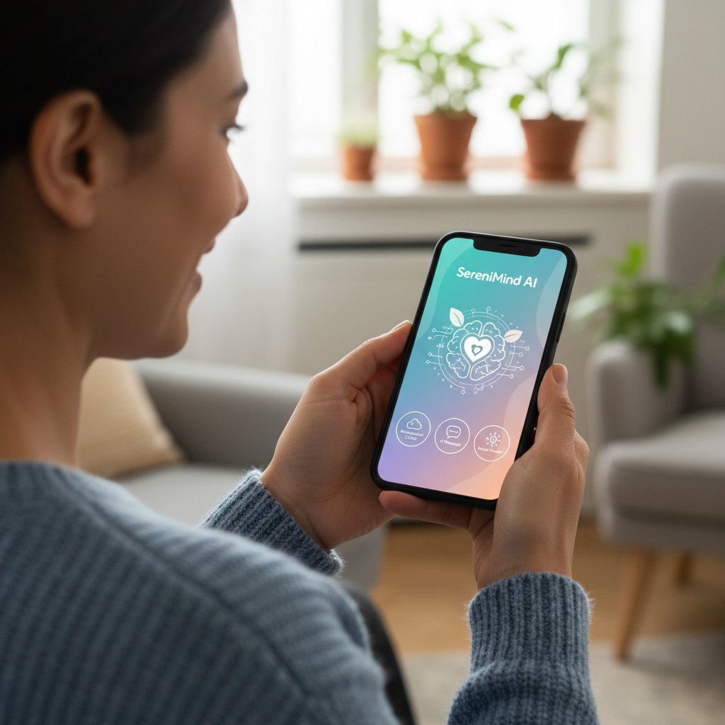 Osoba korzystająca z aplikacji AI na smartfonie, uśmiechnięta i spokojna