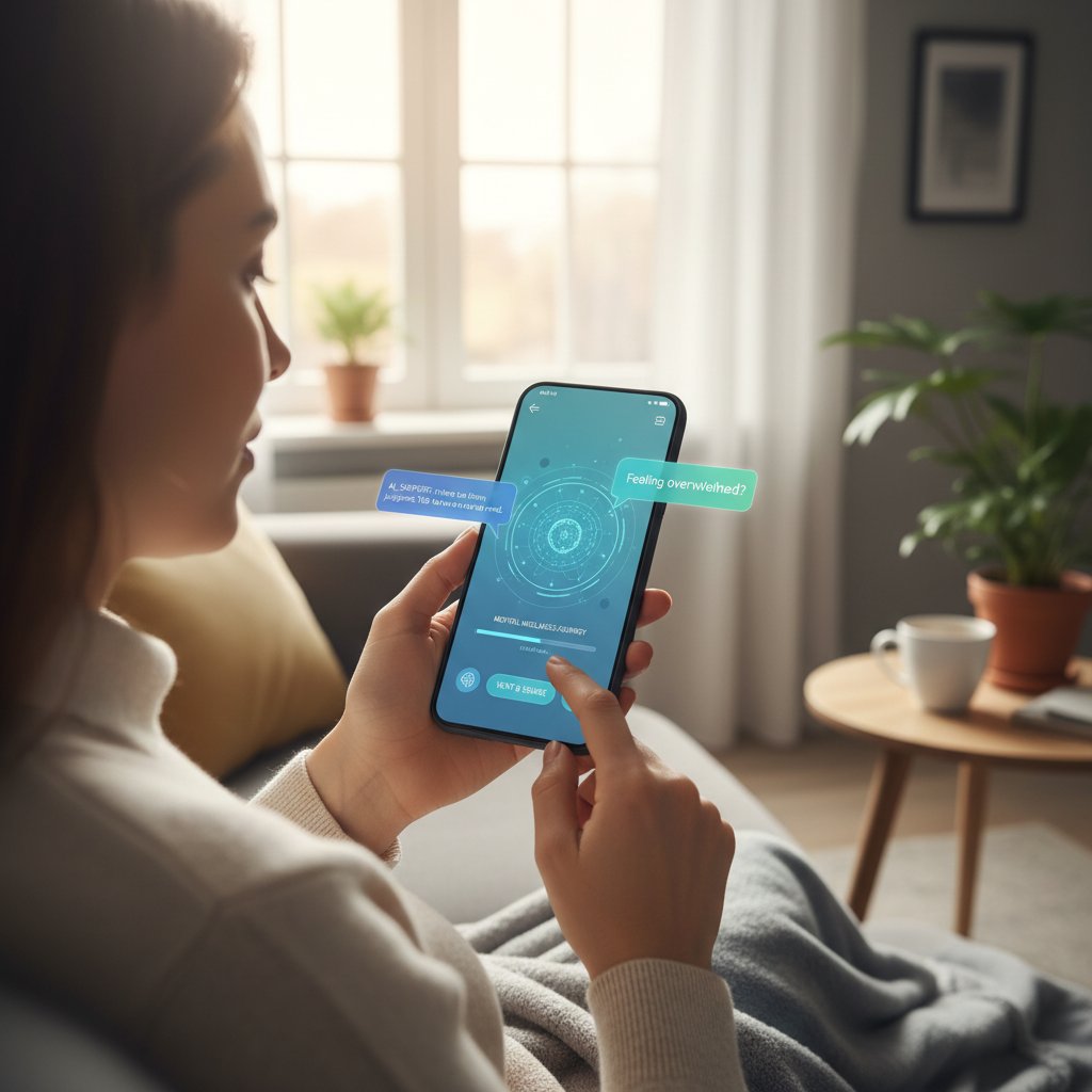 Osoba korzystająca z aplikacji na telefonie, ekran wyświetla interfejs cyfrowego asystenta AI