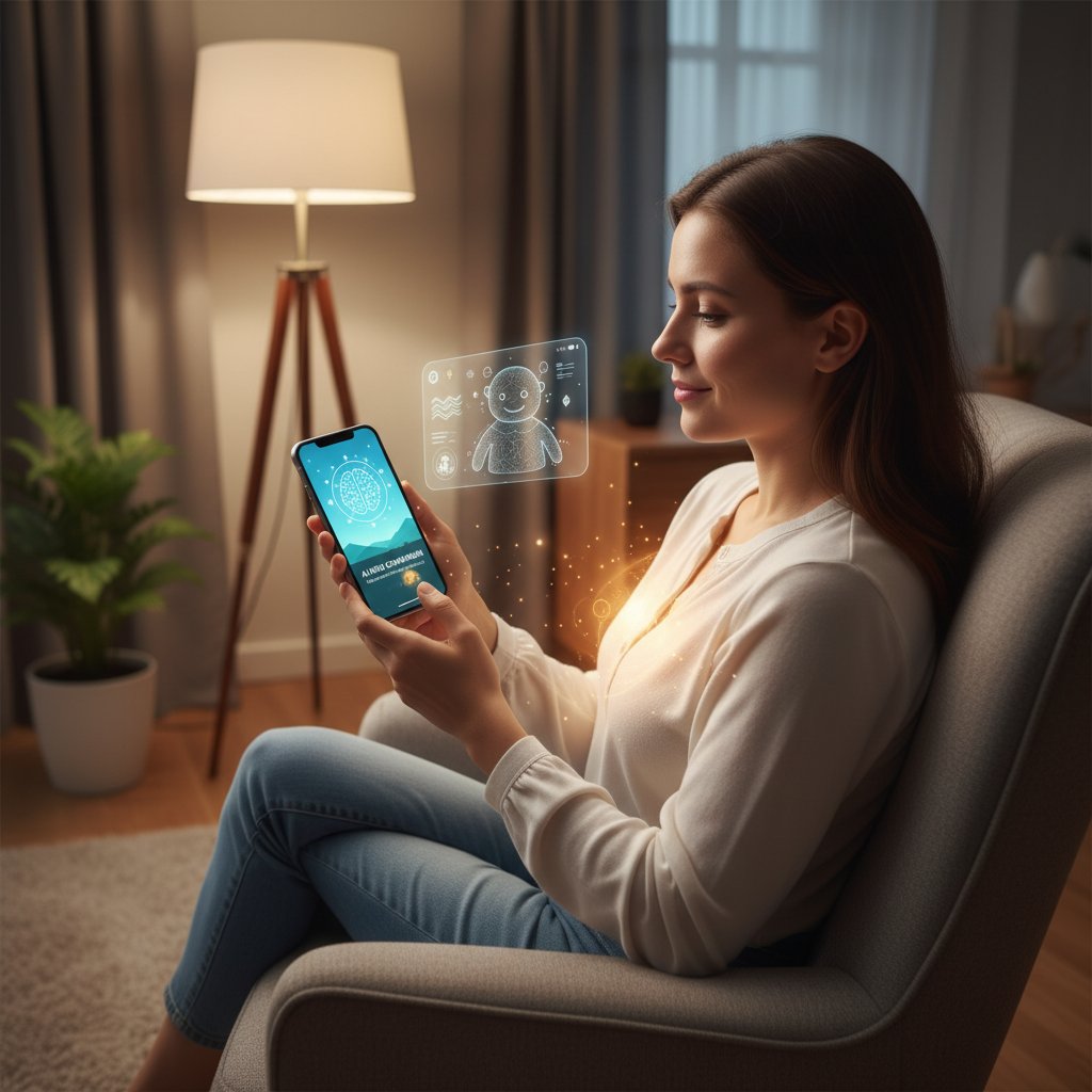 Osoba korzystająca z aplikacji na smartfonie, symbol nowoczesnego wsparcia AI