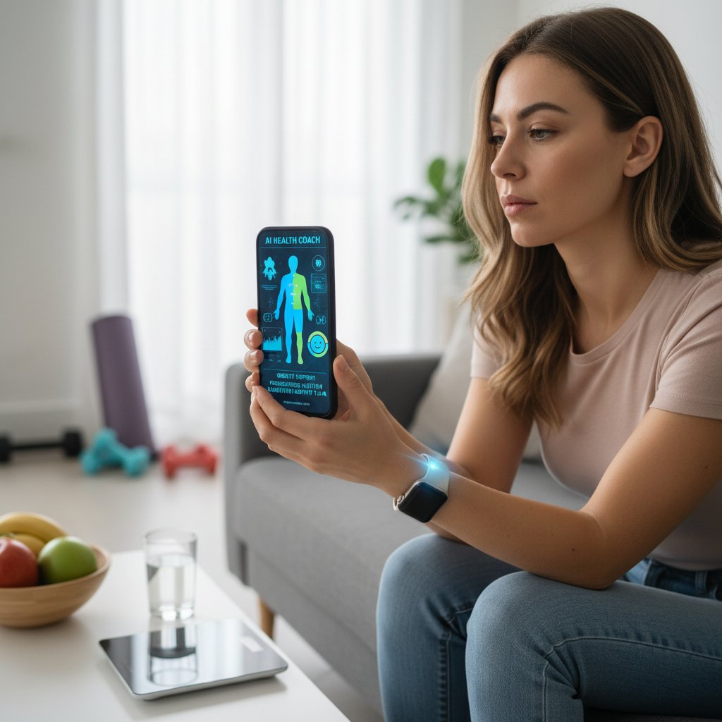 Osoba korzystająca ze smartfona analizująca wyniki zdrowotne przez aplikację – cyfrowe wsparcie AI w walce z otyłością