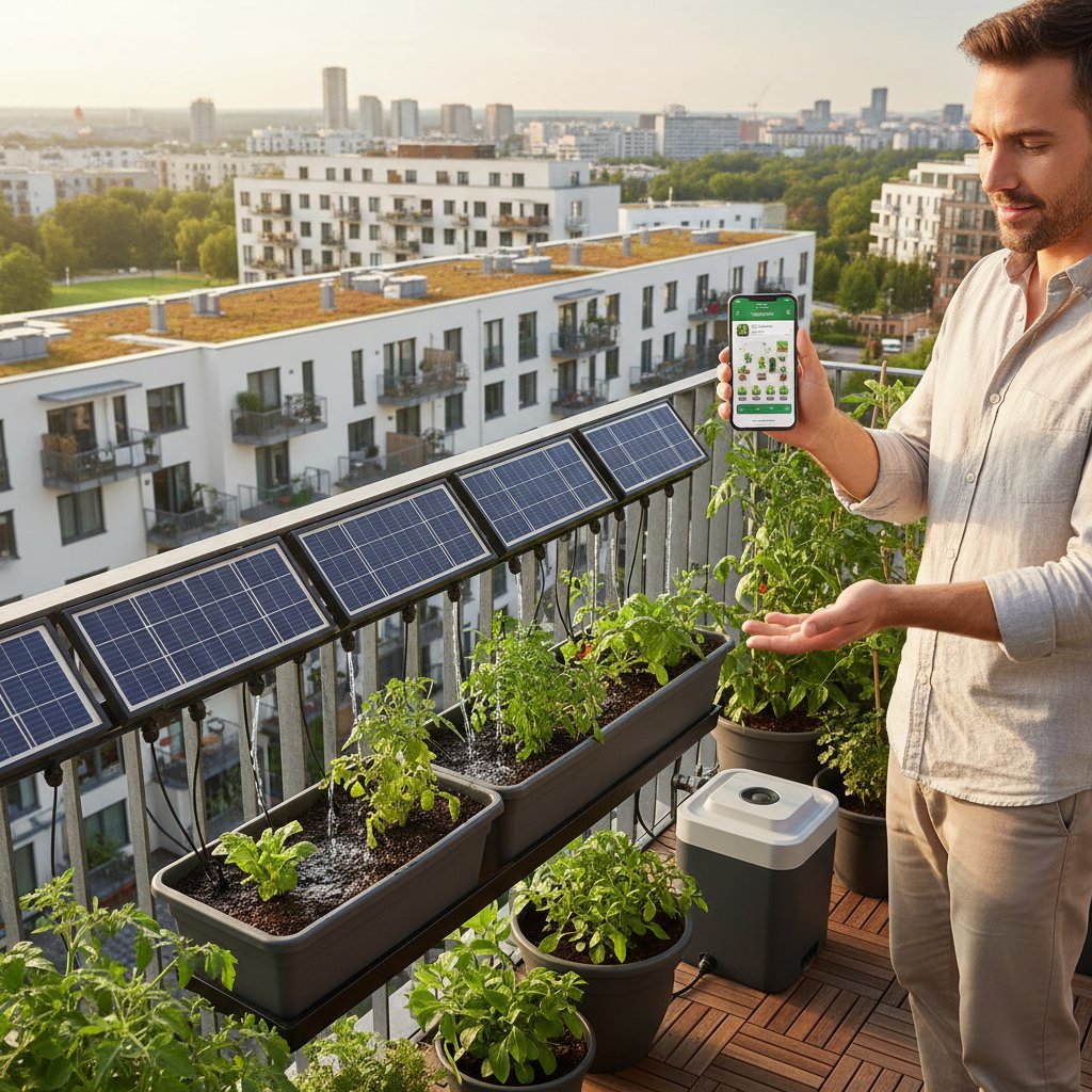 Osoba korzystająca ze smartfona do sterowania podlewaniem na balkonie