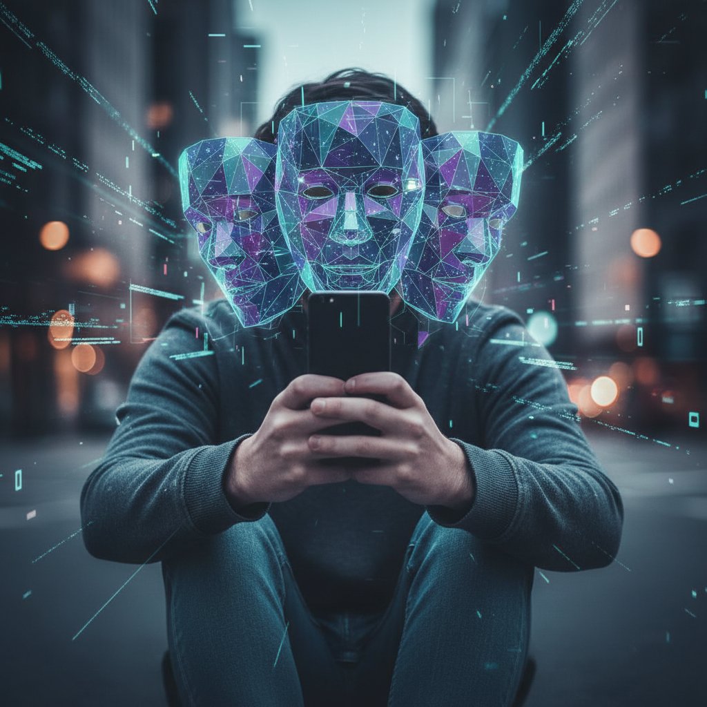 Osoba korzystająca ze smartfona, zamyślona, z efektem rozmycia – cyfrowe maski i obrony