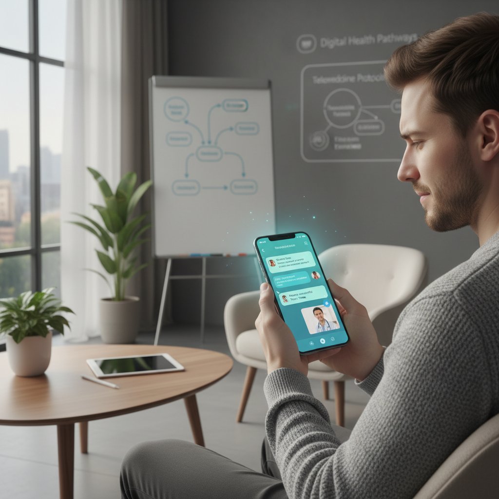 Osoba korzystająca z aplikacji czatowej na smartfonie, ilustracja nowoczesnej konsultacji eksperckiej