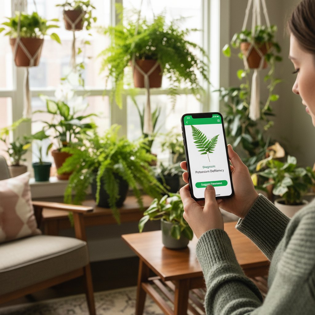 Osoba korzystająca ze smartfona do diagnozy paproci w domowym wnętrzu