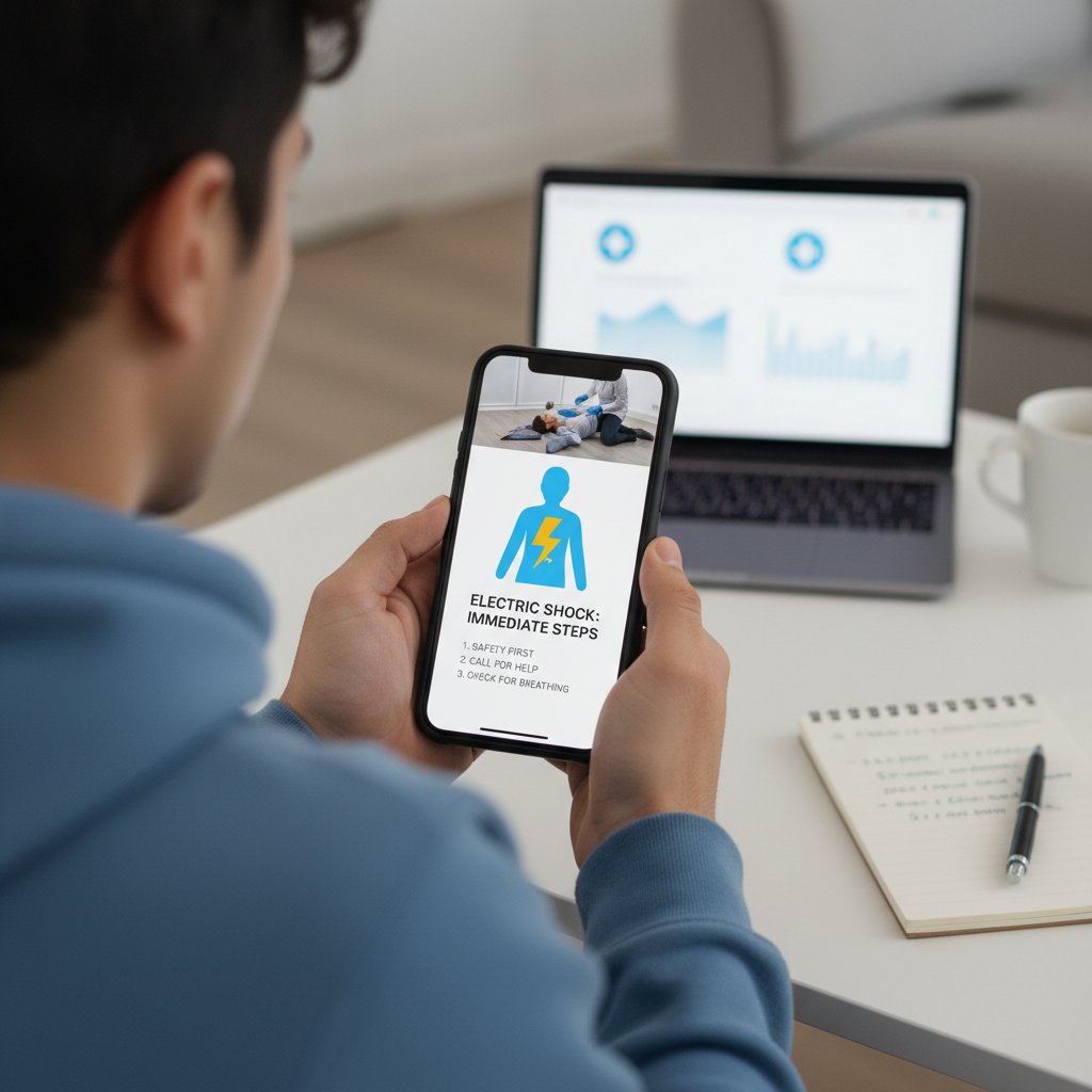 Osoba korzysta z aplikacji medyk.ai do nauki pierwszej pomocy przy porażeniu prądem – nowoczesna edukacja zdrowotna