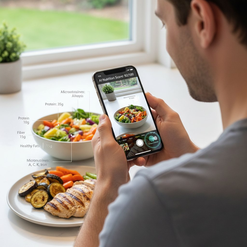 Osoba analizująca skład produktu na smartfonie, aplikacja do wartości odżywczych – AI i technologia w żywieniu