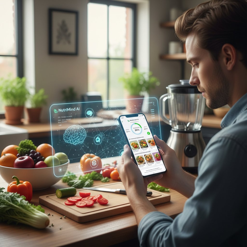 Osoba korzystająca ze smartfona w kuchni, aplikacja wspierająca zdrową dietę, symbol AI w praktyce