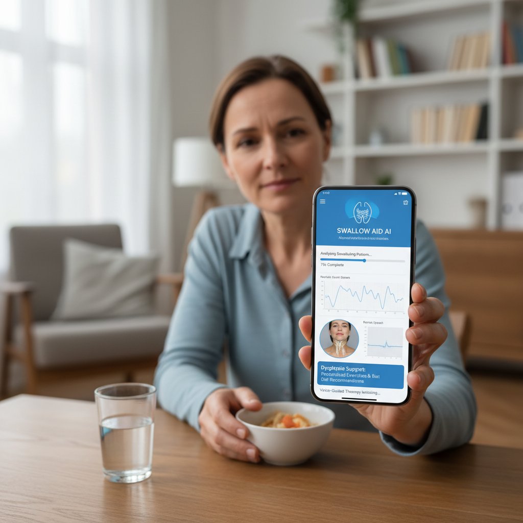 Osoba korzystająca z aplikacji medyk.ai na smartfonie, wsparcie technologiczne w leczeniu zaburzeń połykania