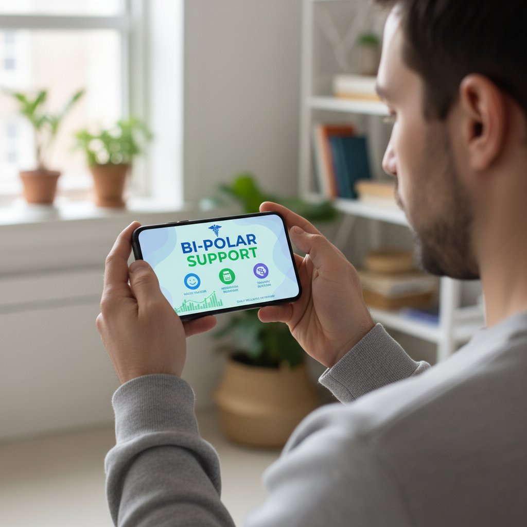 Osoba korzystająca z aplikacji medycznej na smartfonie, depresja dwubiegunowa, wsparcie technologiczne