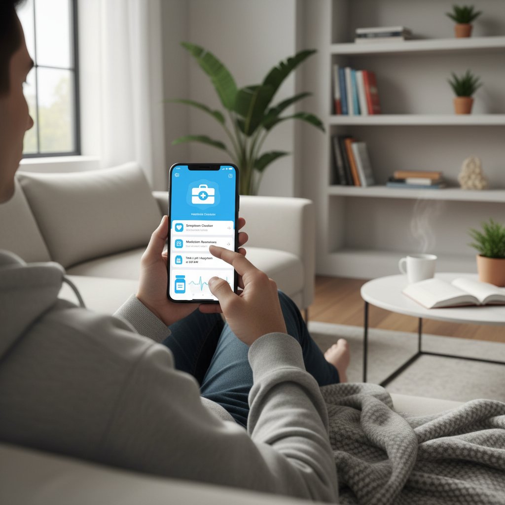 Osoba korzystająca z aplikacji medycznej na smartfonie w domu