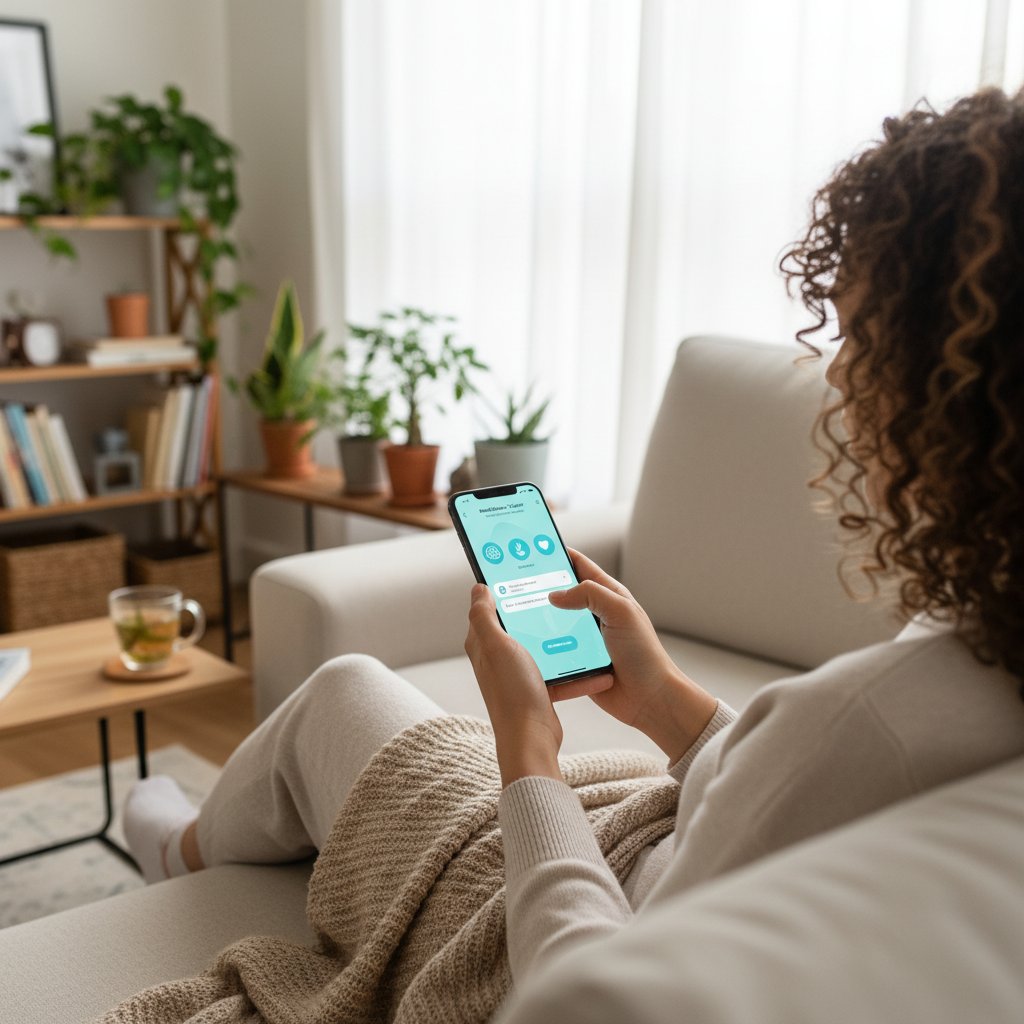 Osoba korzystająca z aplikacji psychologicznej na smartfonie, w domowym zaciszu, symboliczny przełom w terapii