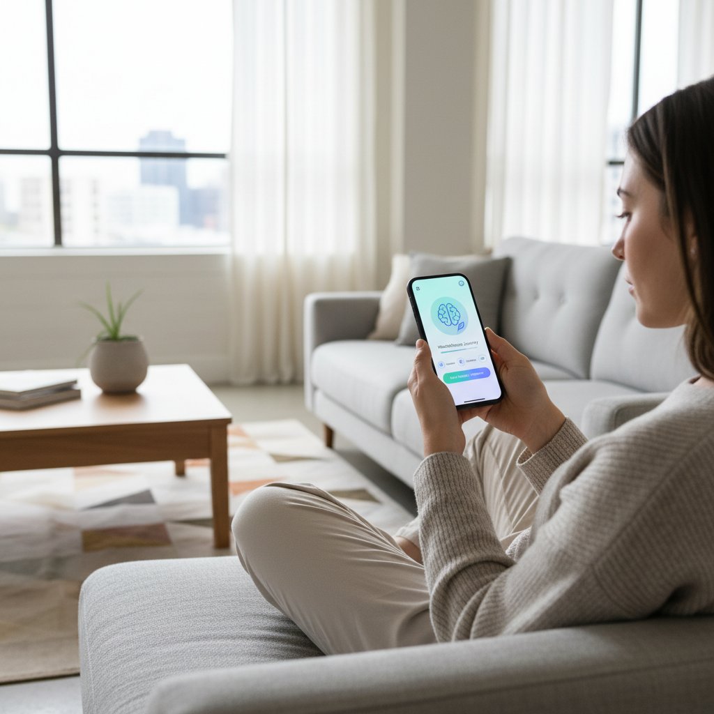 Osoba korzystająca ze smartfona z aplikacją do wsparcia psychicznego, spokojne wnętrze, nowoczesna technologia