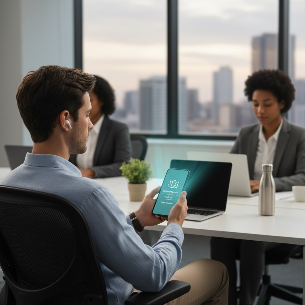 Osoba korzystająca z aplikacji mindfulness na smartfonie, przerwa w pracy, technologia a pauzy