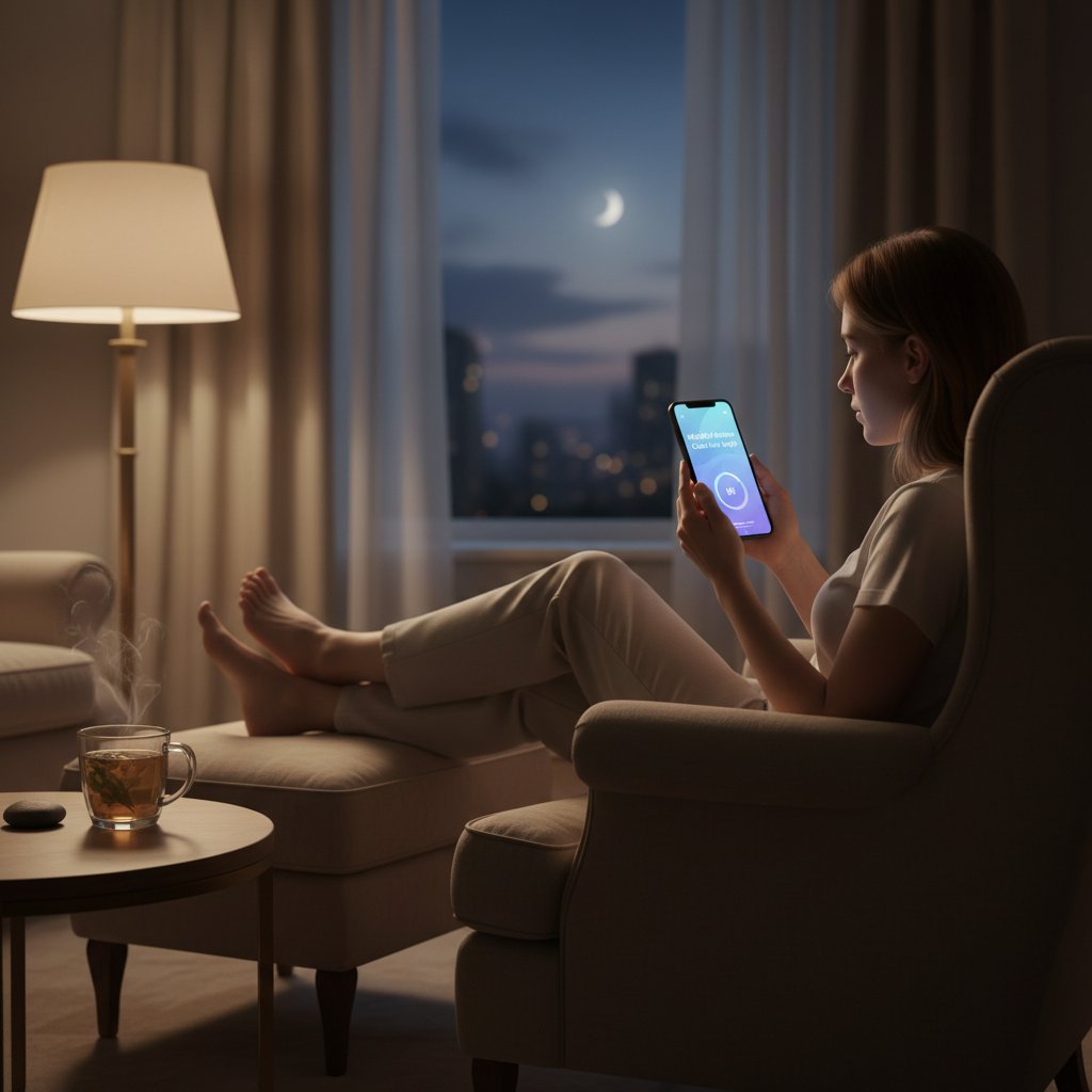 Osoba korzystająca z aplikacji mindfulness na smartfonie, wieczorne światło, nogi w kadrze