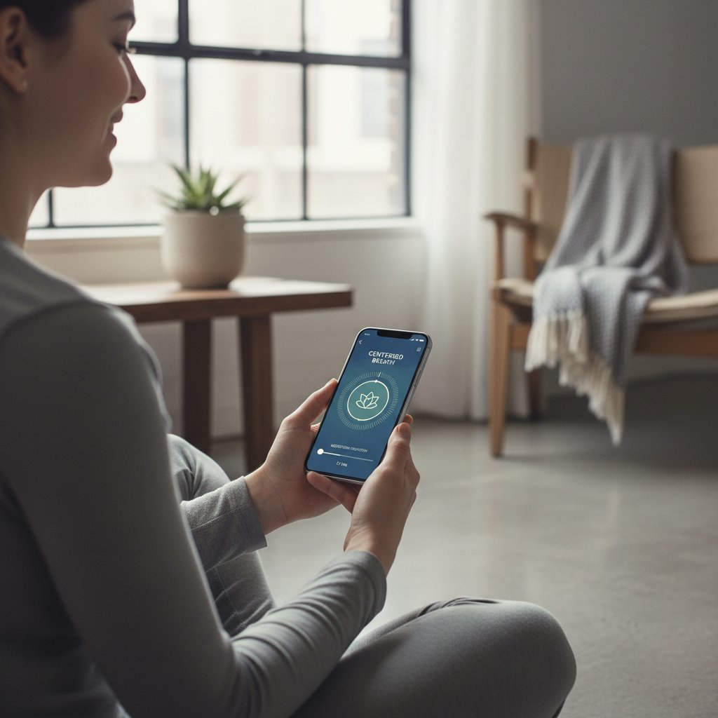 Osoba korzystająca z aplikacji mindfulness na smartfonie, wyciszona przestrzeń, nowoczesny design