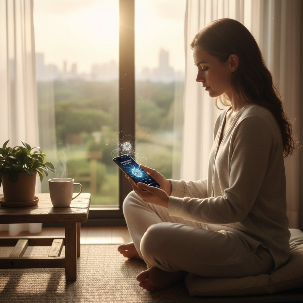 Person nutzt Smartphone für eine inspirierende Morgenroutine mit digitaler spiritueller Beratung, Sonnenlicht fällt durch das Fenster