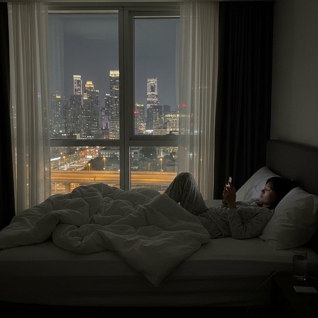 Mężczyzna leżący w łóżku o 3 nad ranem, z intensywnym niebieskim światłem smartfona odbijającym się od jego twarzy, miasto nocą za oknem
