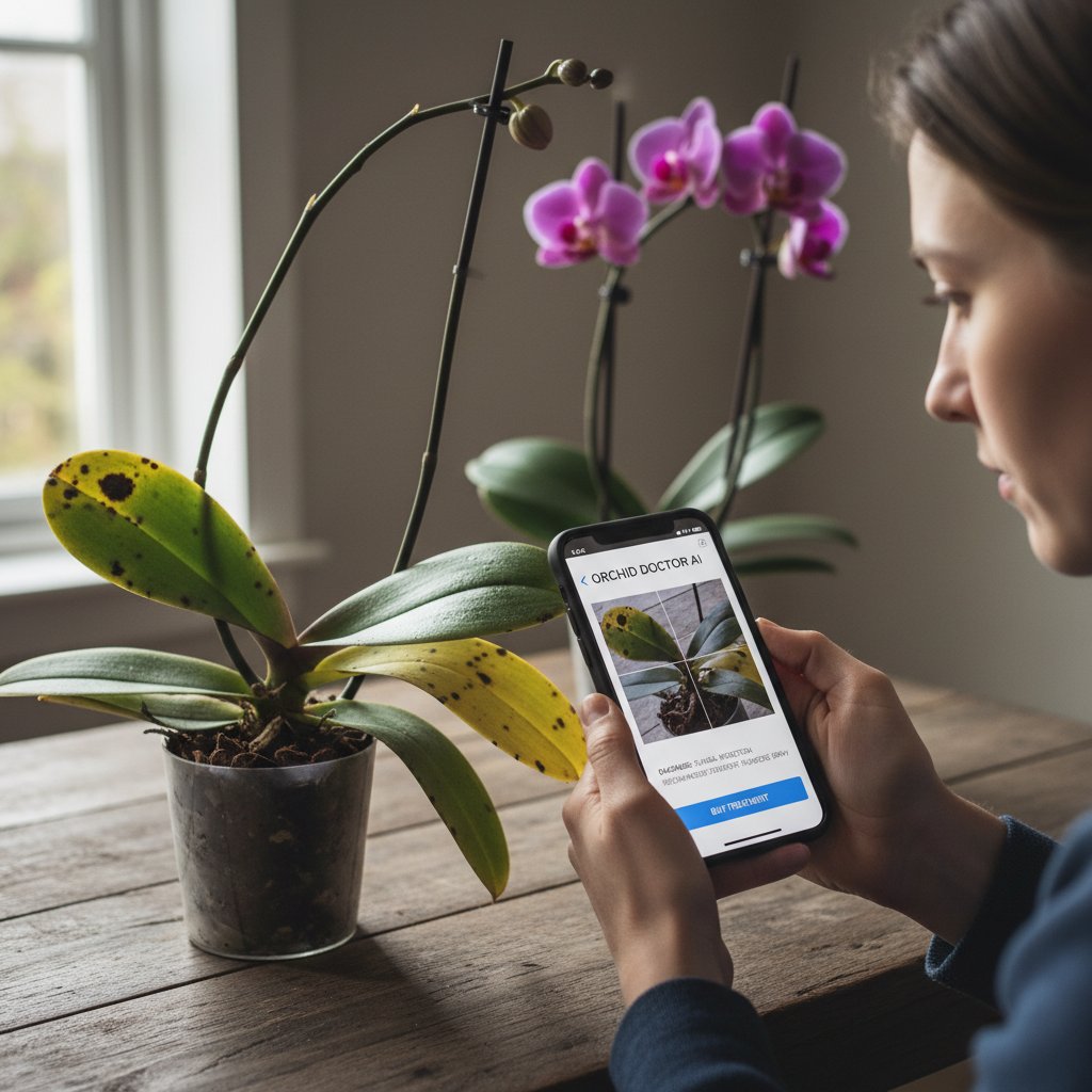 Użytkownik robiący zdjęcie storczyka smartfonem, aplikacja ogrodnicza AI