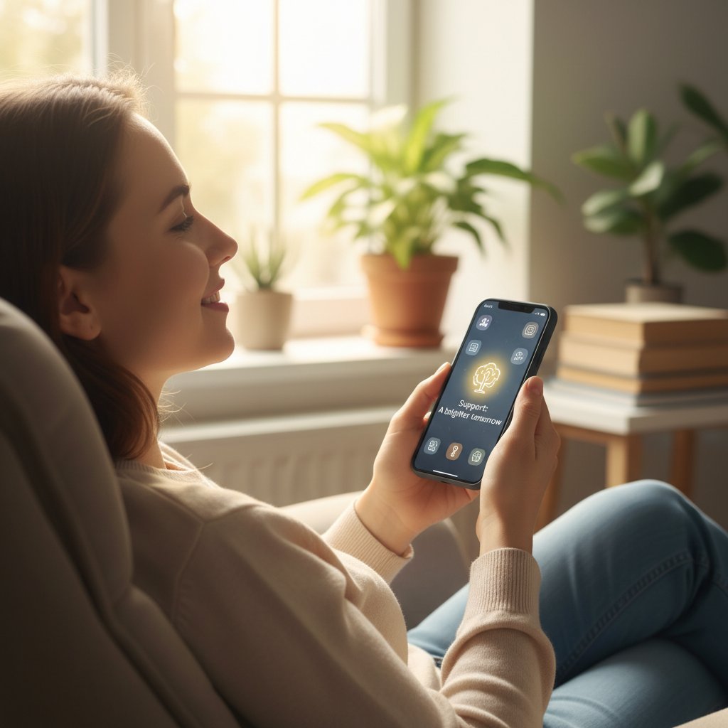 Osoba korzystająca ze wsparcia psychologicznego na smartfonie w przyjaznej atmosferze
