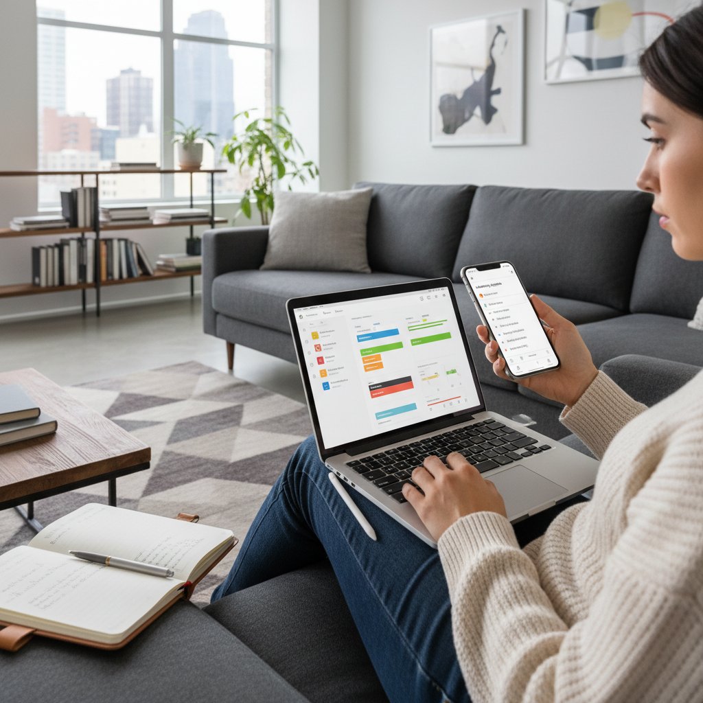 Osoba korzystająca z aplikacji na smartfonie, wokół notatki i laptop, nowoczesne wnętrze