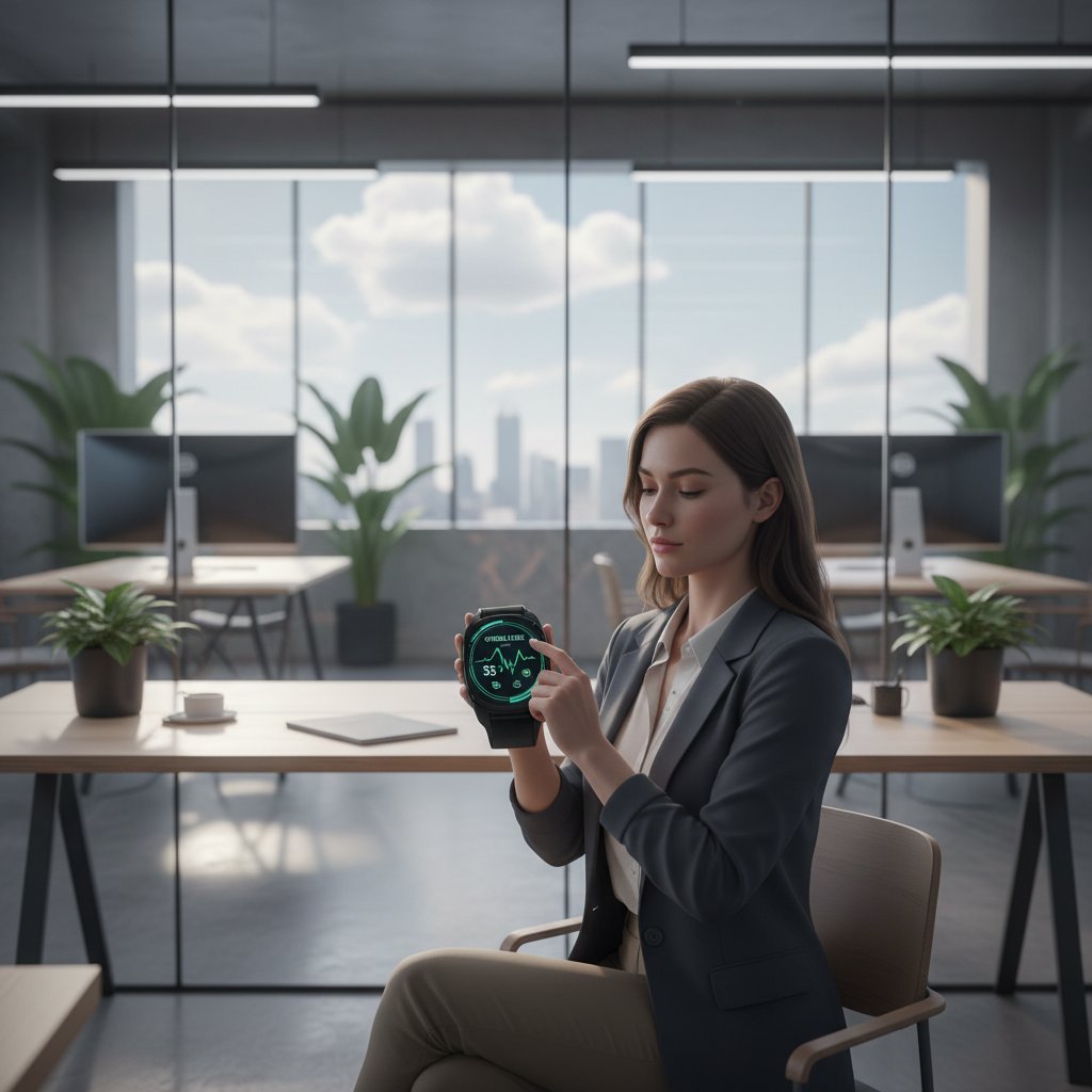 Osoba używająca smartwatcha do monitorowania stresu w nowoczesnym biurze