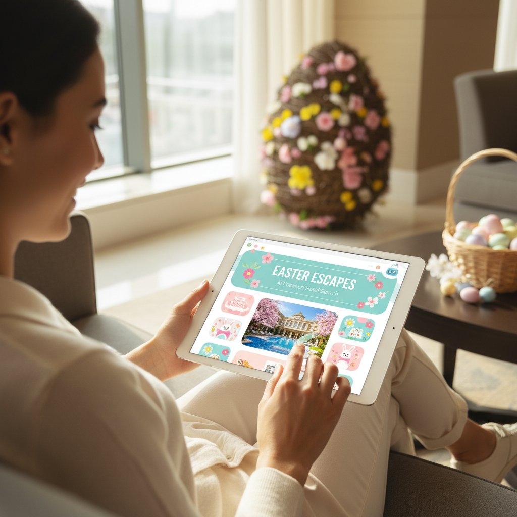 Osoba korzystająca z tabletu do wyszukiwania hotelu wielkanocnego, AI w akcji