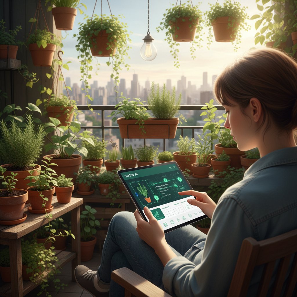 Kadr dynamiczny: osoba korzystająca z tabletu i ogrodnik.ai podczas przeglądu roślin na balkonie, nowoczesność i codzienność