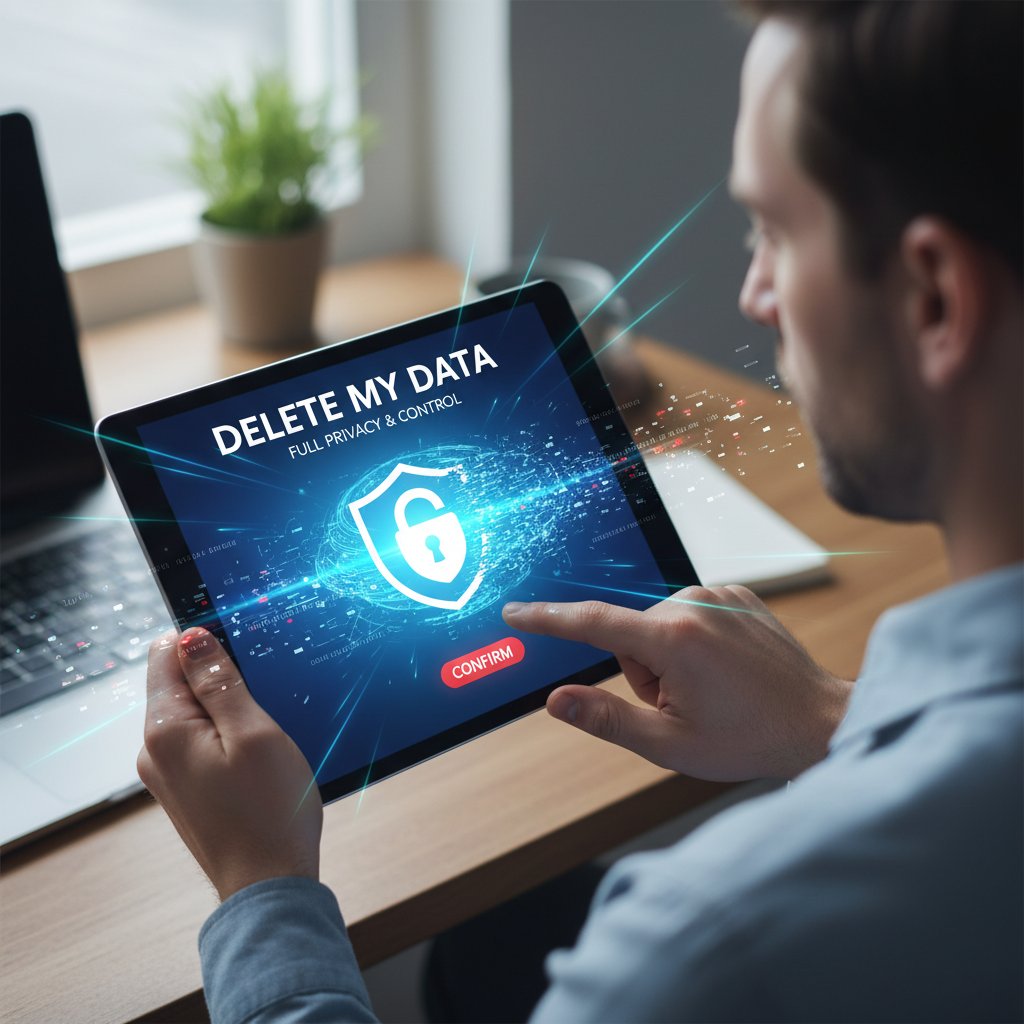 Zdjęcie: osoba korzystająca z tabletu, na ekranie opcja „Usuń moje dane”, motyw prywatności i kontroli