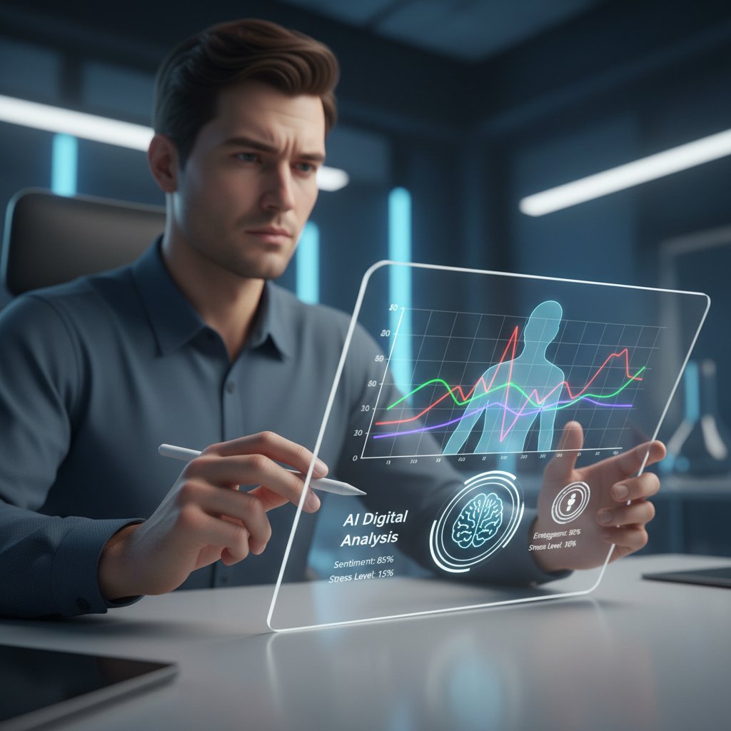 Zdjęcie osoby korzystającej z tabletu, na ekranie widoczny wykres emocji, cyfrowa analiza