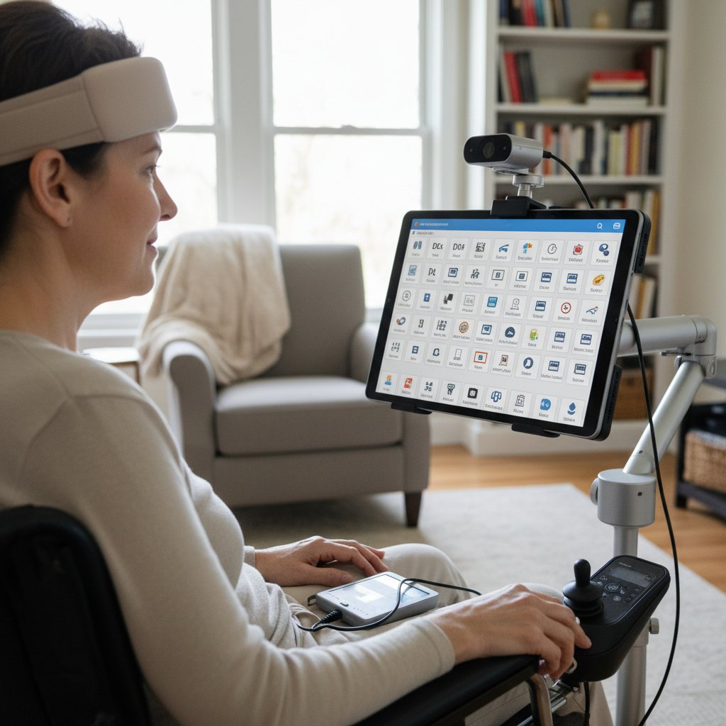 Osoba korzystająca z tabletu sterowanego ruchem oczu, wspomagająca komunikację osób z SLA