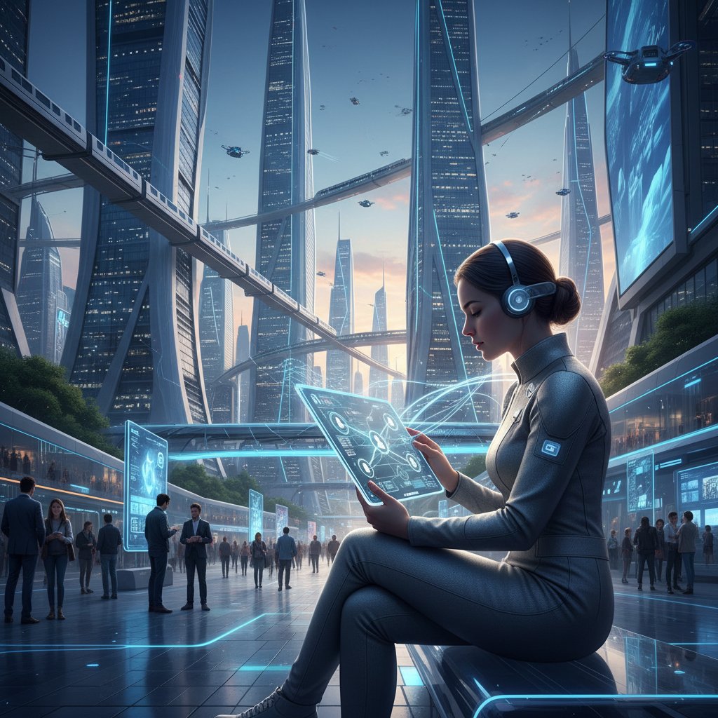 Osoba korzystająca z tabletu na tle futurystycznego miasta, symbolizująca wpływ technologii na relacje