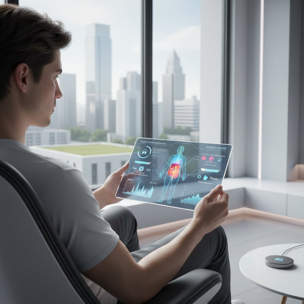 Zdjęcie osoby korzystającej z aplikacji zdrowotnej na tablecie, analiza objawów, technologia