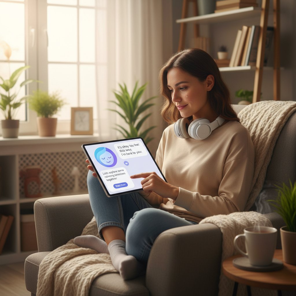 Osoba korzystająca z tabletu w domu, spokojna atmosfera, wsparcie AI przy problemach emocjonalnych po przestępstwie