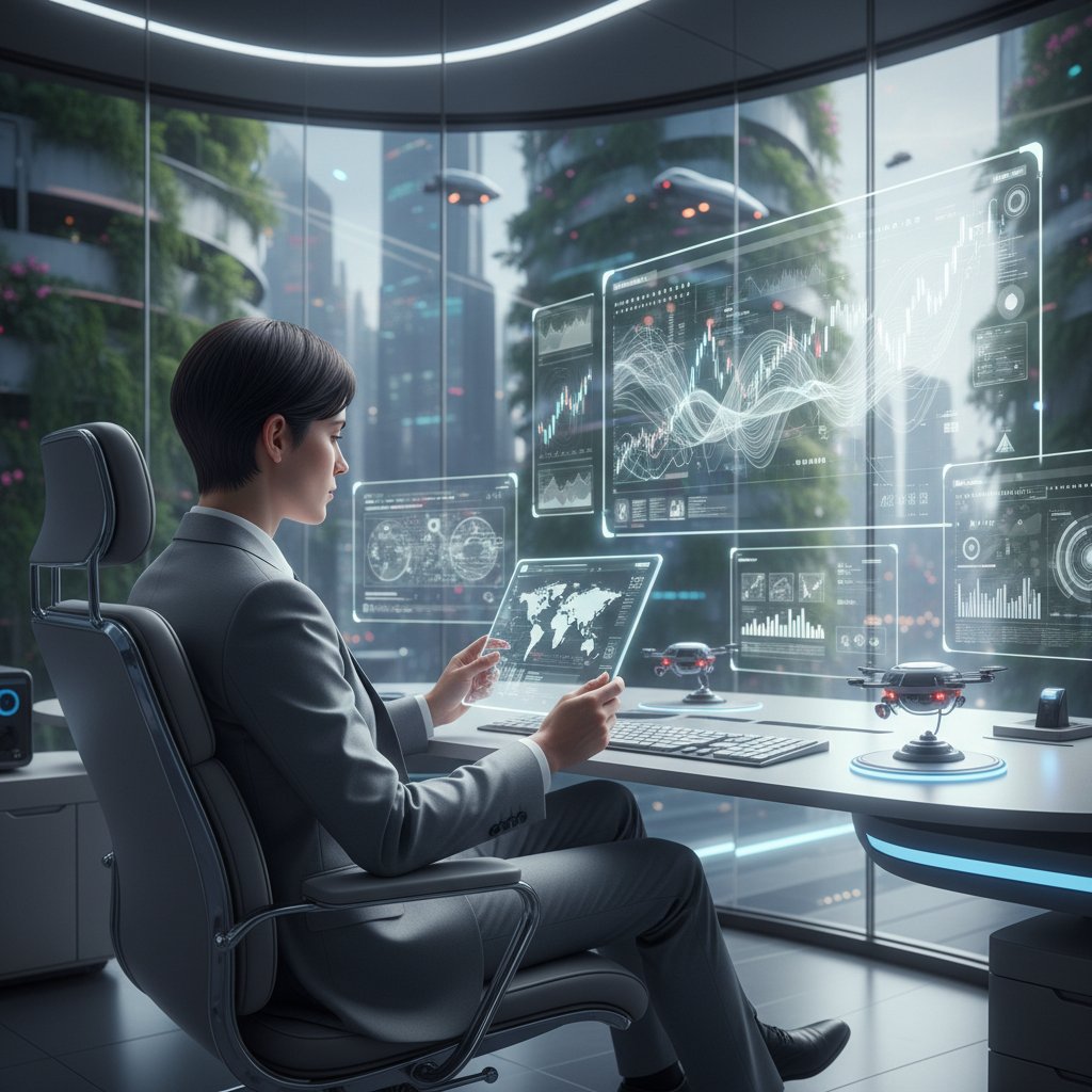 Osoba korzystająca z tabletu w inteligentnym biurze, temat: przyszłość analizy osobowości