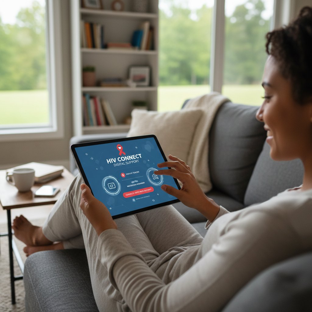 Osoba korzystająca z tabletu w domu – ilustracja wsparcia cyfrowego dla osób z HIV