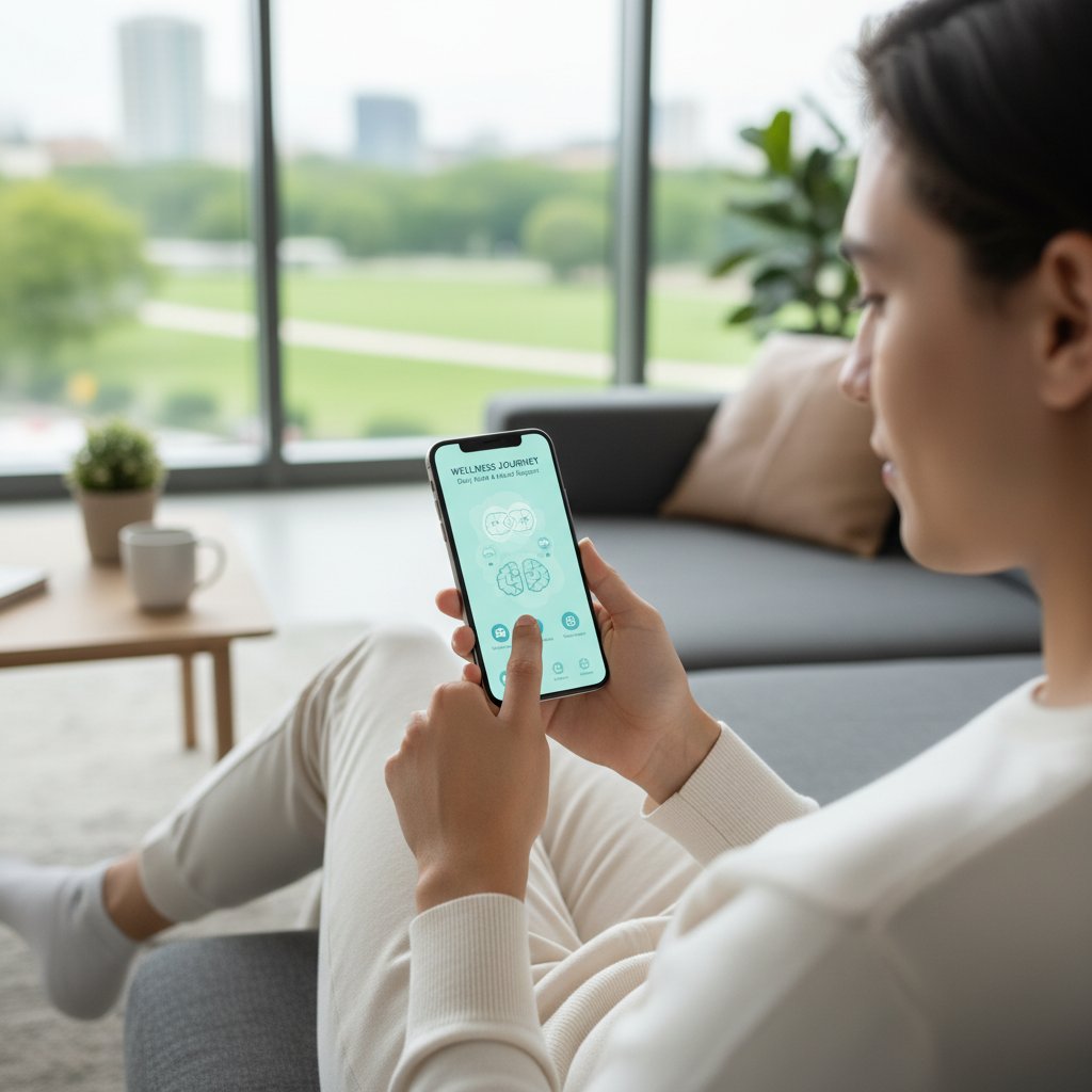 Osoba korzystająca z aplikacji psychoterapeutycznej na telefonie – nowoczesne wsparcie w psychoterapii