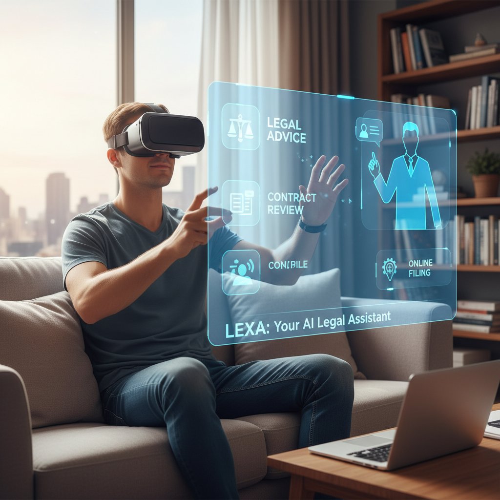 Osoba korzystająca z wirtualnej asystentki prawnej, ekran z aplikacją, komfortowe domowe otoczenie