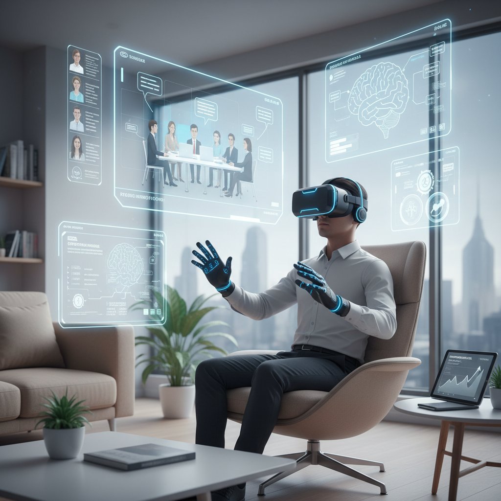 Zdjęcie osoby korzystającej z VR i AI podczas ćwiczeń interpersonalnych – symbolizujące przyszłość technologii komunikacyjnych